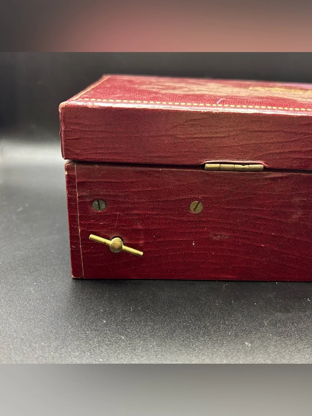 Vintage Mele/Thorens Burgundy & Gold Leatherette Jewelry Music Box. Tested Works